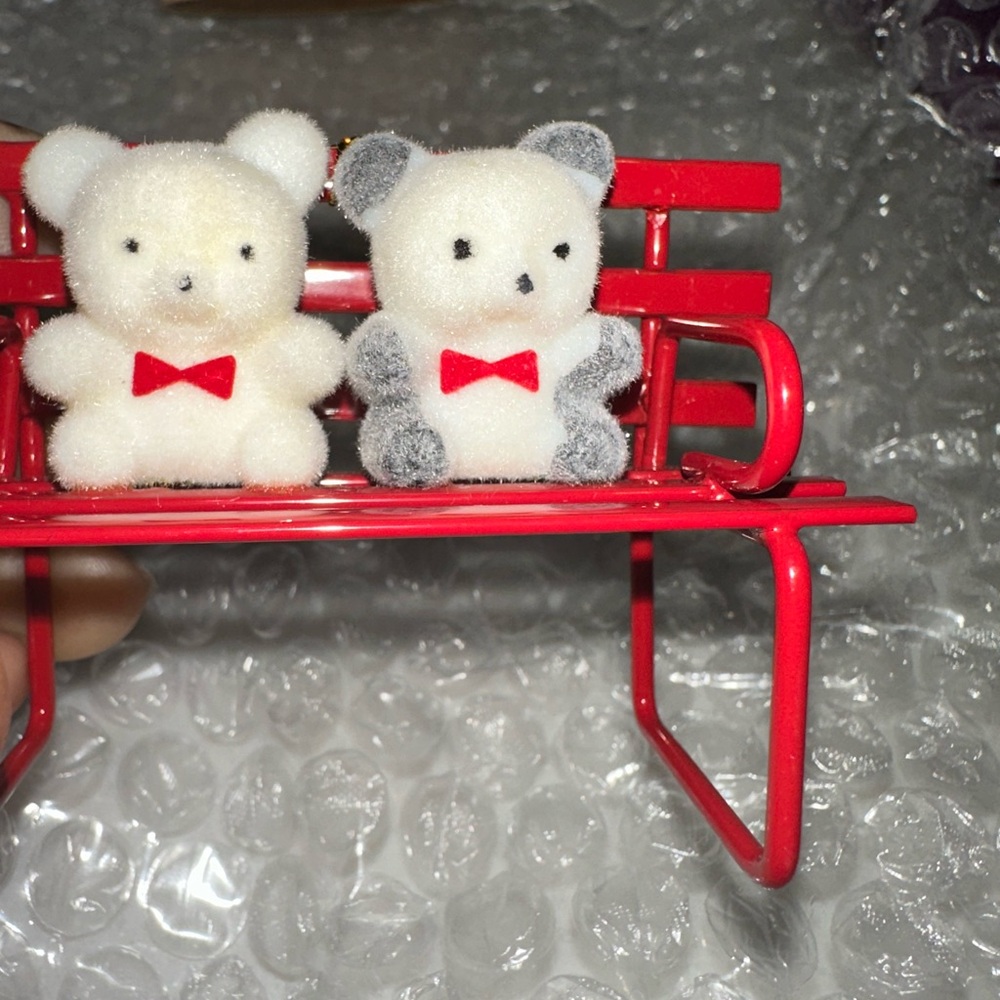 Avon Teddy Bear Collection Ornaments on bench with Red Bows - Picture 5 of 16